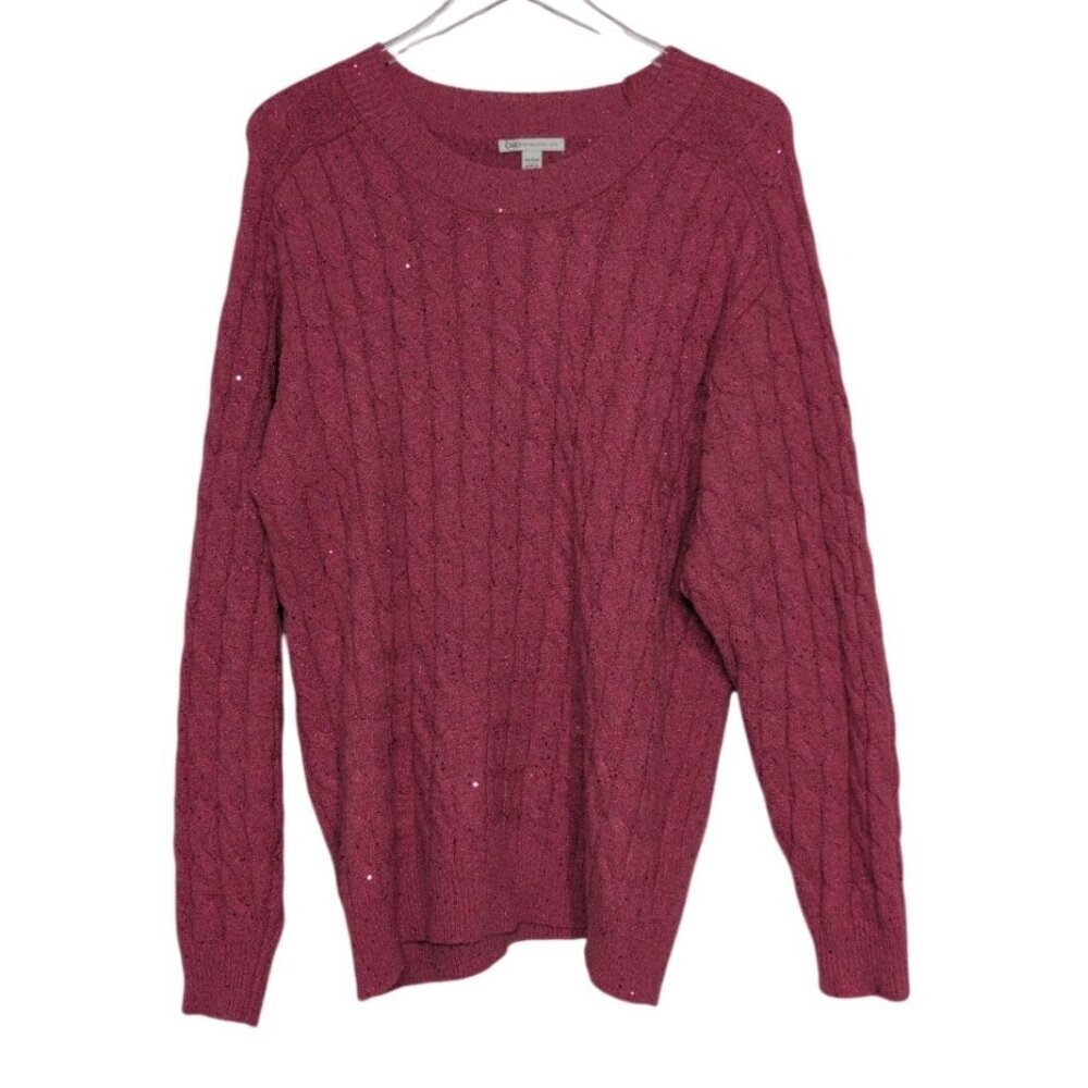Cato Cable Knit Sequins Sweater Womens Size 14/16W Pink Sparkle Stretch Crewneck